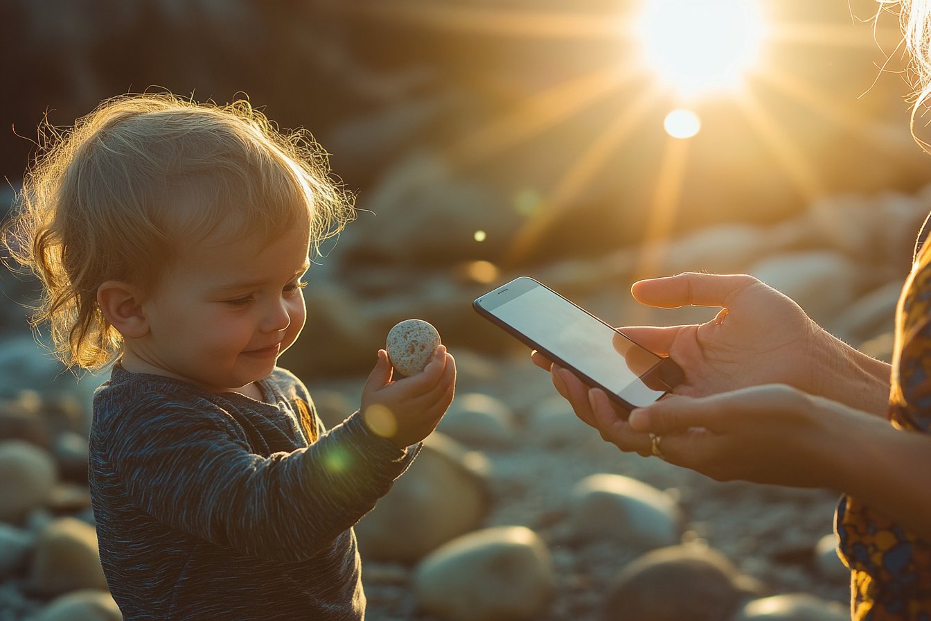Parent photographing child holding a found rock at golden hour