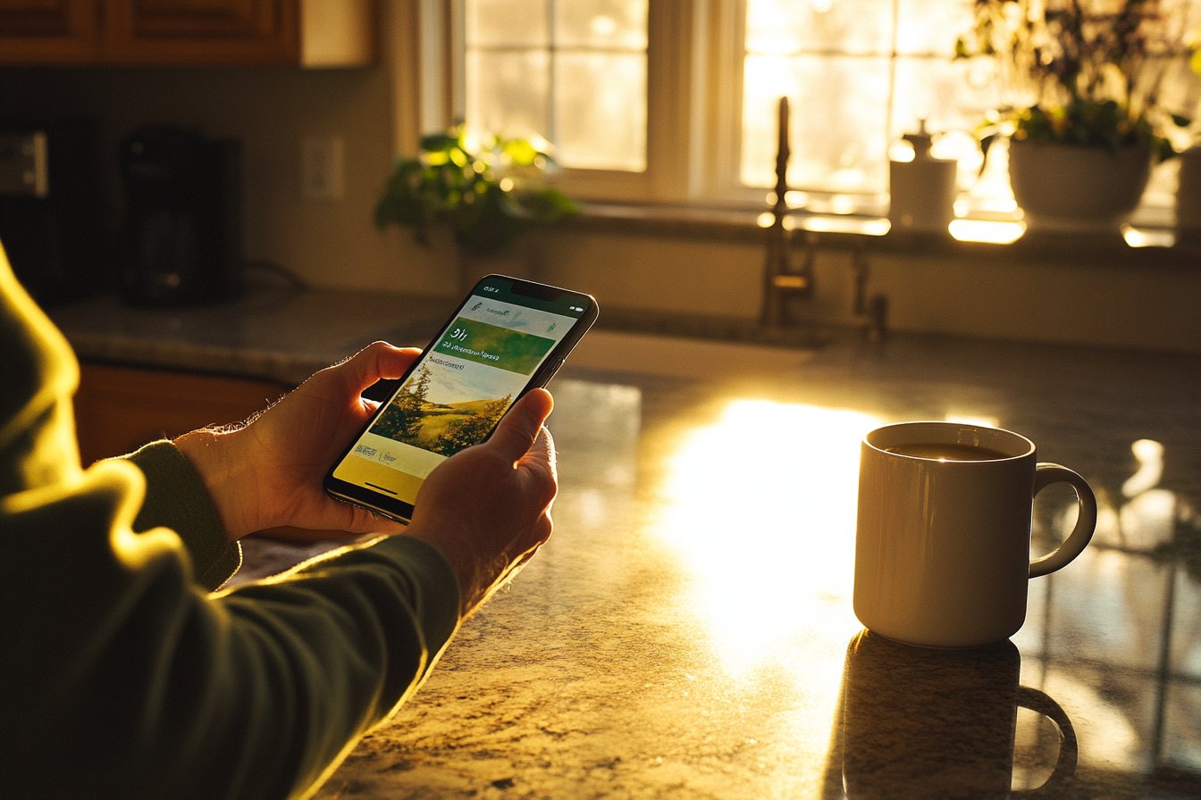 Parent reading quest on phone with morning coffee