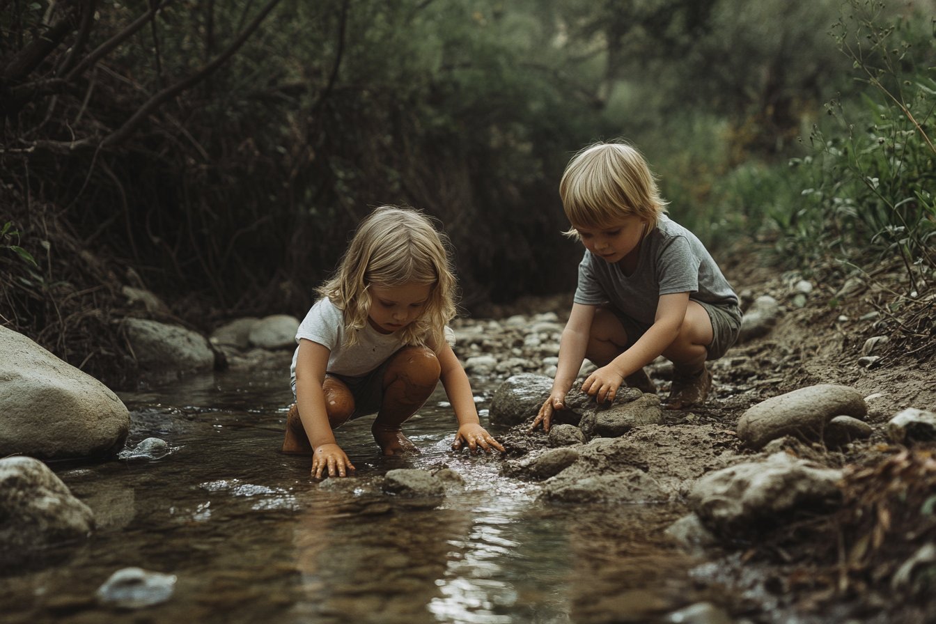 Two children exploring a creek bed together