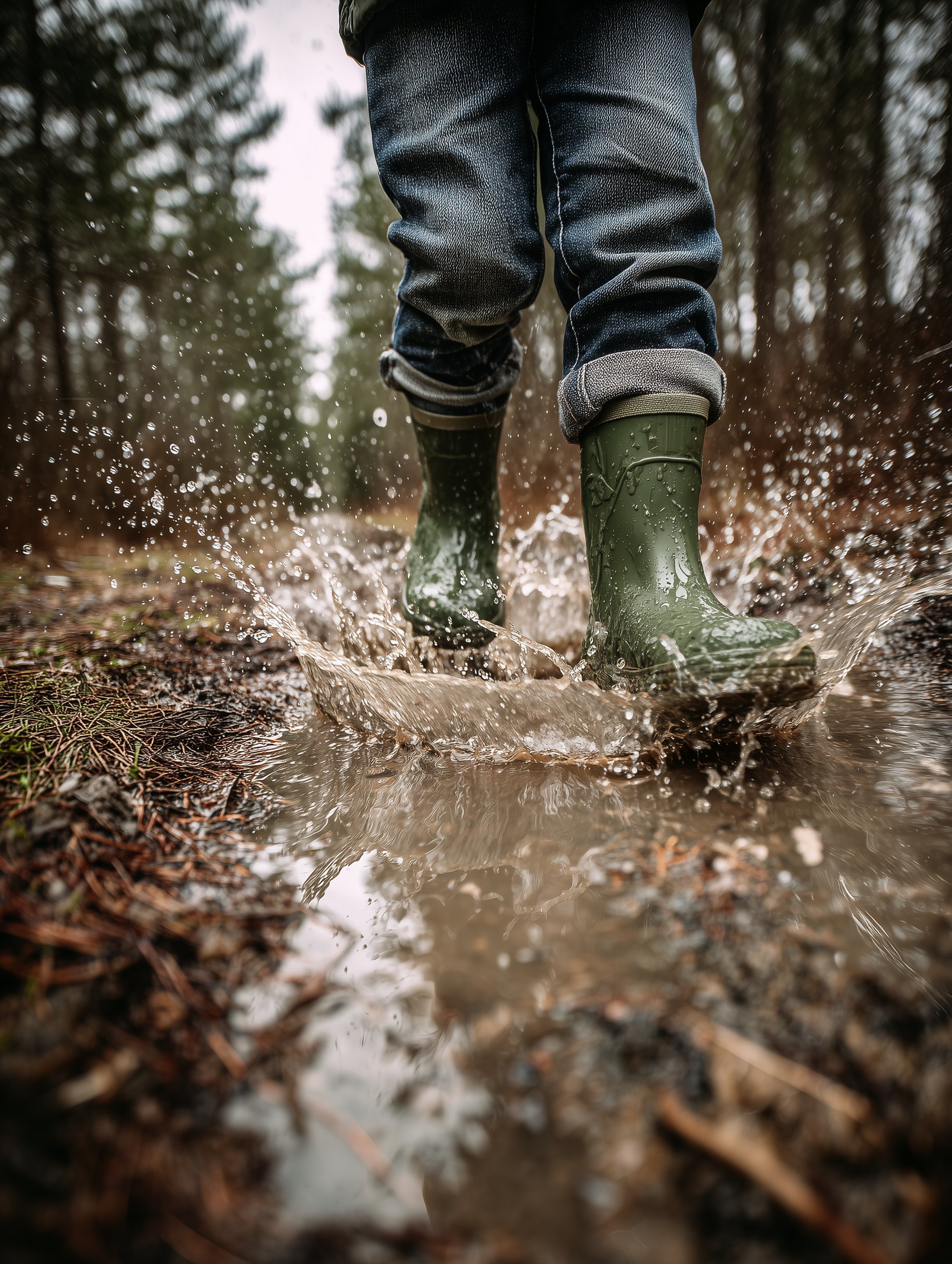 Child splashing in mud puddles with green rain boots