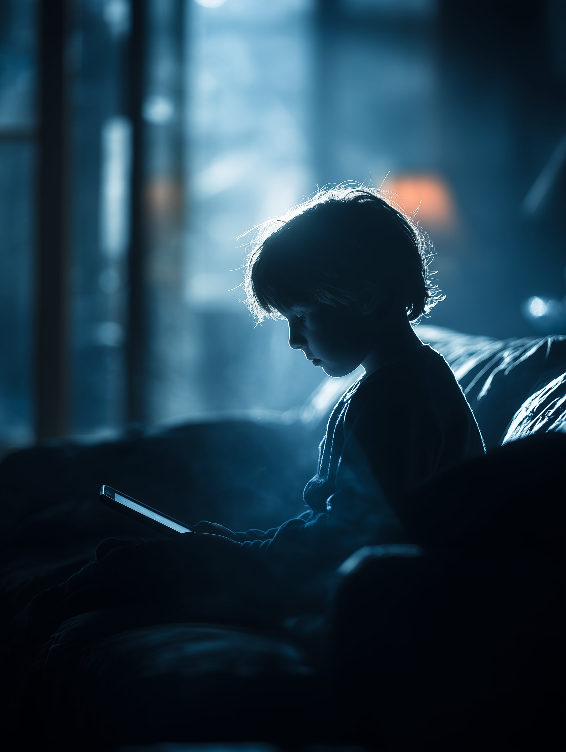 Child silhouette lit by screen glow